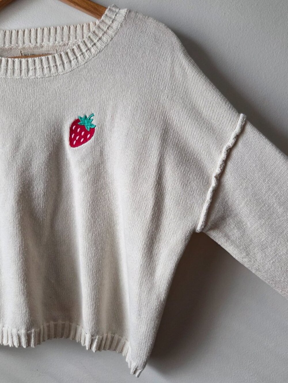 EUC HAPPILY GREY CREAM COTTON BLEND STRAWBERRY EMBROIDERED SWEATER M - Picture 2 of 14